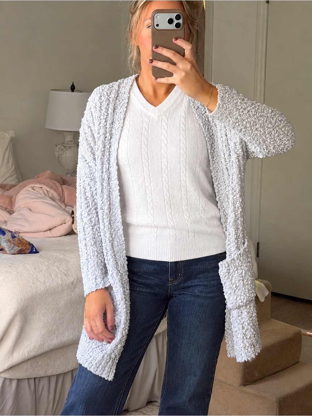 Plush Popcorn Open-Front Cardigan - Light Gray